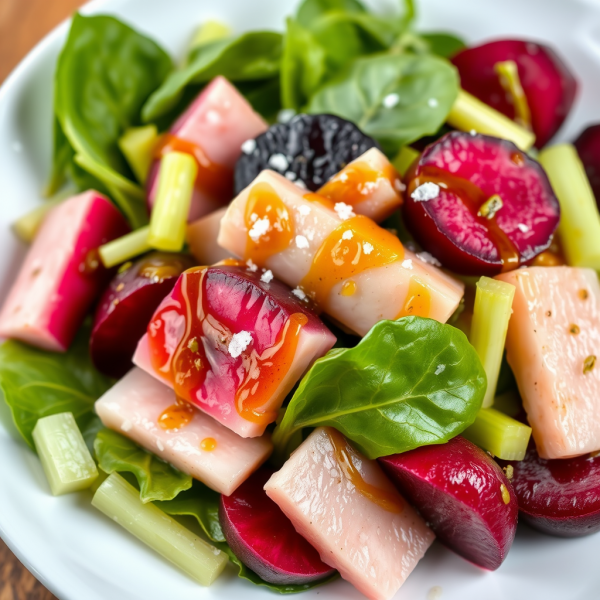 Fermented Cod Salad with Beetroot and Spinach