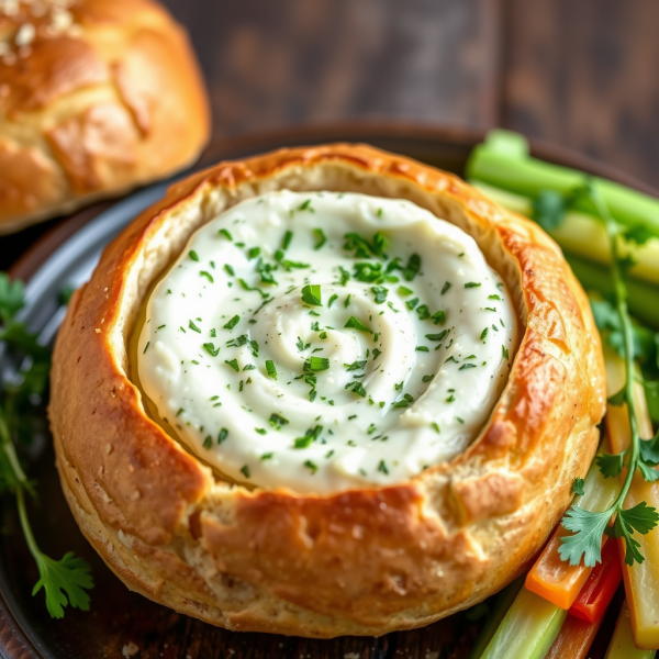 Savory Bread Bowl with Garlic Herb Dip