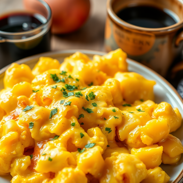 Cheesy Buttered Egg Scramble with Coffee