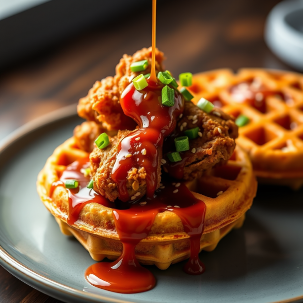 Korean Fried Chicken with Kimchi Waffles and Gochujang Caramel