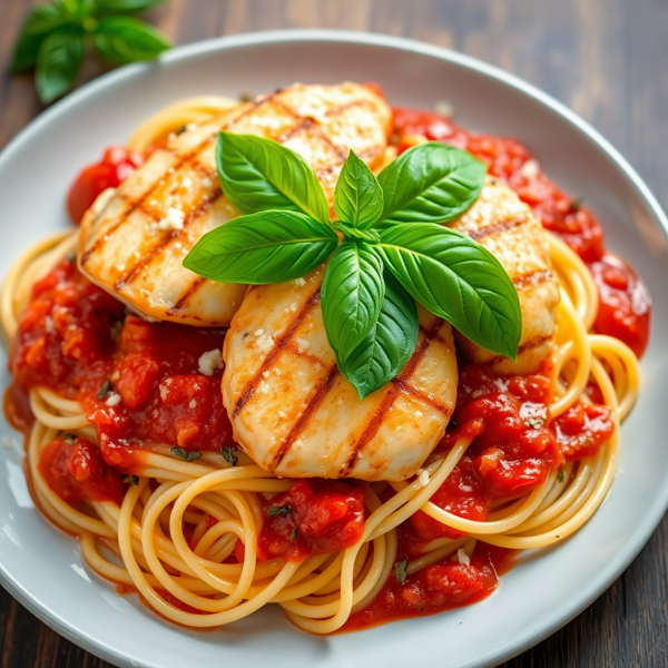 Garlic Tomato Spaghetti with Grilled Chicken