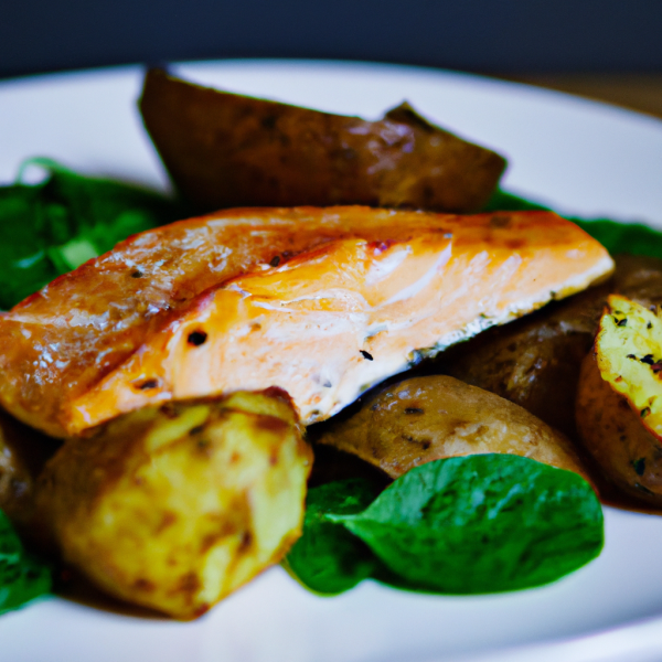 Grilled Salmon with Potato Wedges and Spinach