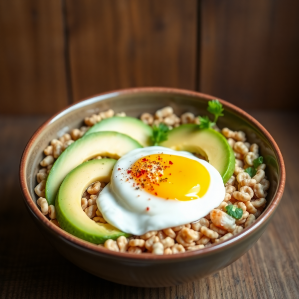 Savory Cereal Bowl with Avocado and Poached Egg