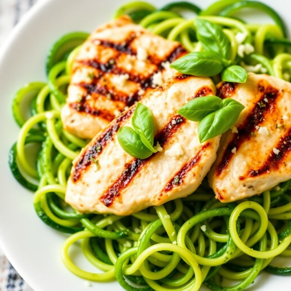 Zucchini Noodles with Pesto and Grilled Chicken