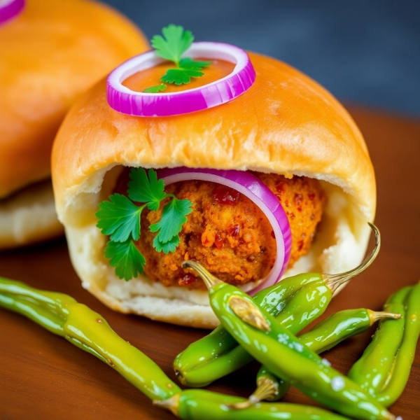 Wada Pav with Spicy Fried Chillies