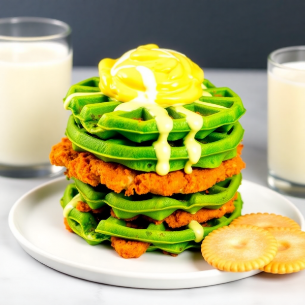 Savory Broccoli Chicken Waffle Stack with Pineapple Mash