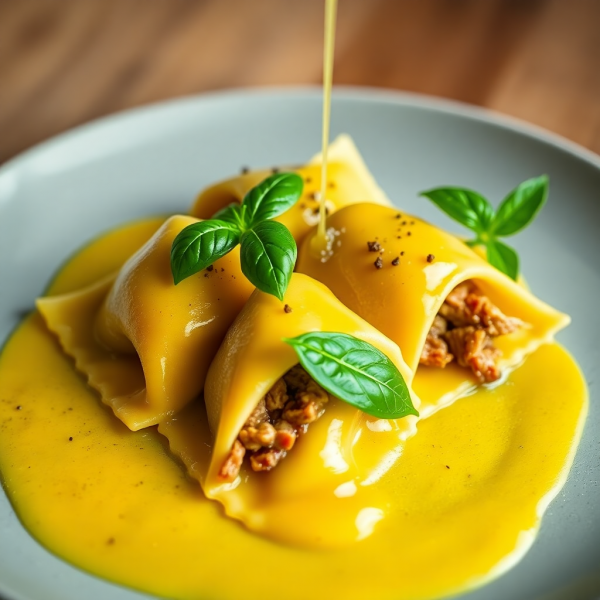 Savory Shredded Meat Ravioli with Sweet Banana Emulsion