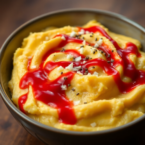 Coffee-Infused Garlic Mashed Potatoes with Ketchup Drizzle