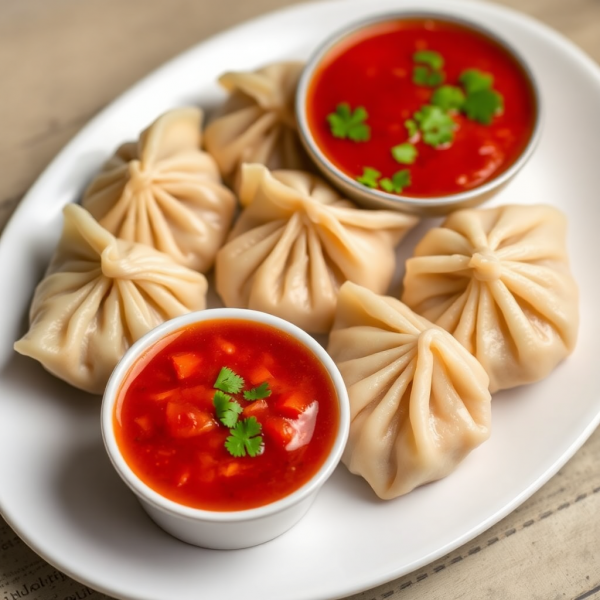 Savory Chicken Momos with Spicy Dipping Sauce