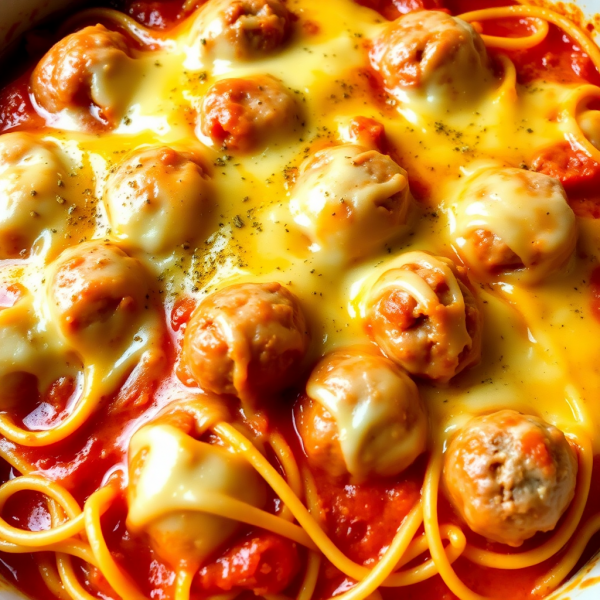 Cheesy Spaghetti and Meatball Bake