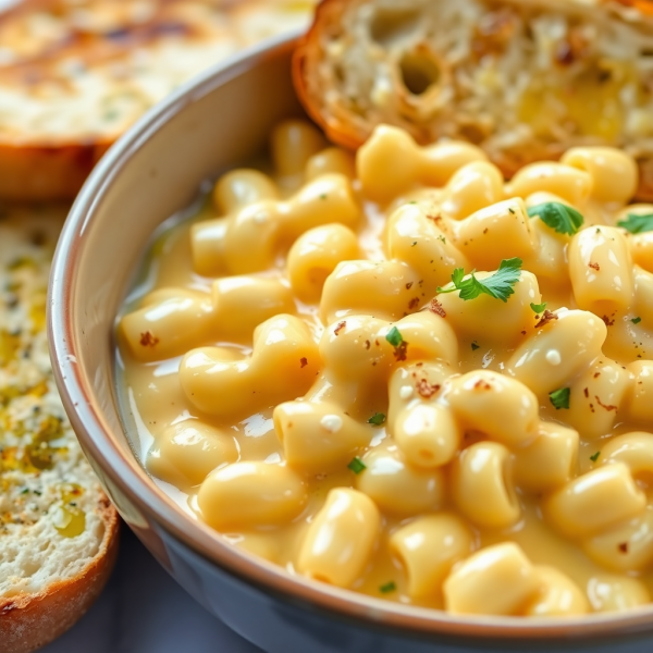 Creamy Garlic Mac and Cheese with Toasted Garlic Bread