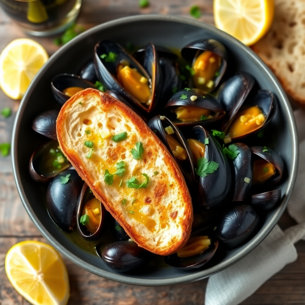 Garlic Butter Mussels with Herb Toast