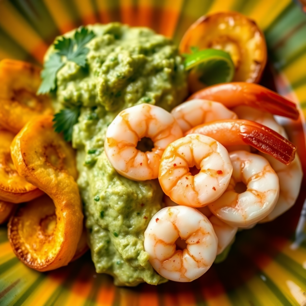 Crispy Fried Plantains with Guacamole and Shrimp