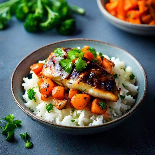 Fish Marinated with Soy Sauce on a Bed of Rice and Carrots