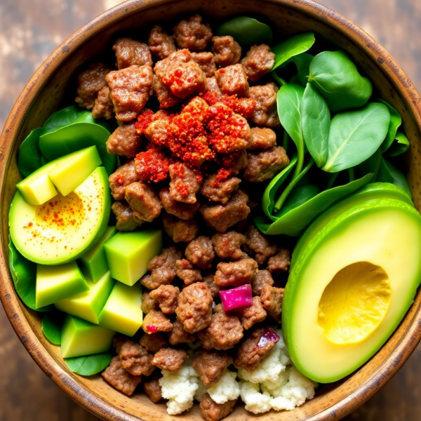 Keto Beef and Avocado Spinach Bowl