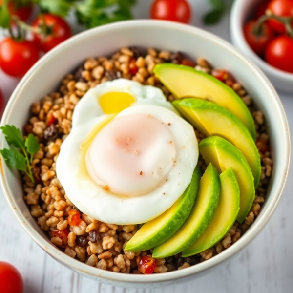 Savory Cereal Bowl with Avocado and Poached Egg