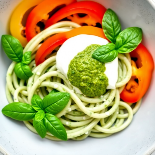 Creamy Spinach Noodles with Bell Pepper and Basil Pesto