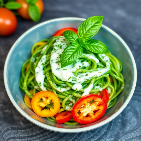 Spinach Noodle Salad with Basil Pesto and Bell Peppers