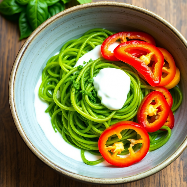 Spinach Noodle Bowl with Basil Pesto and Bell Peppers