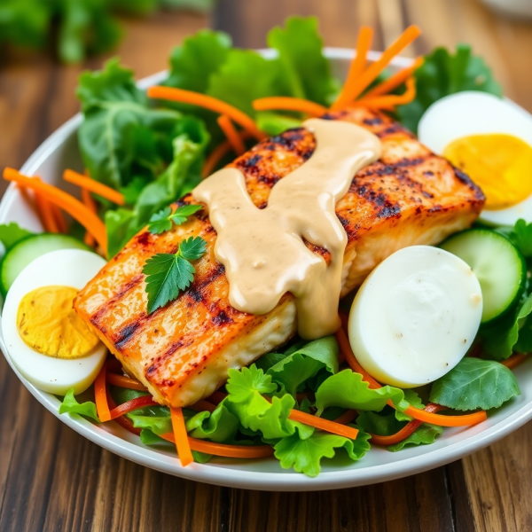 Grilled Salmon Salad with Green Algae and Peanut Dressing