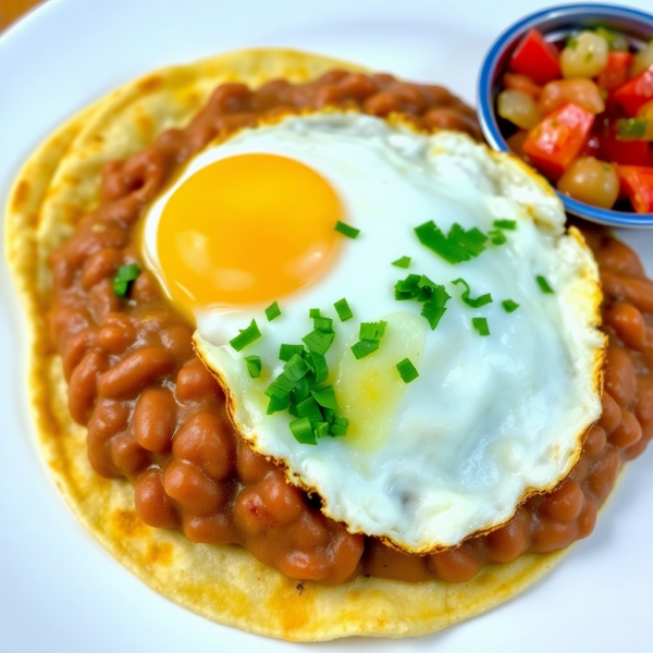 Fried Egg with Refried Beans and Tortillas