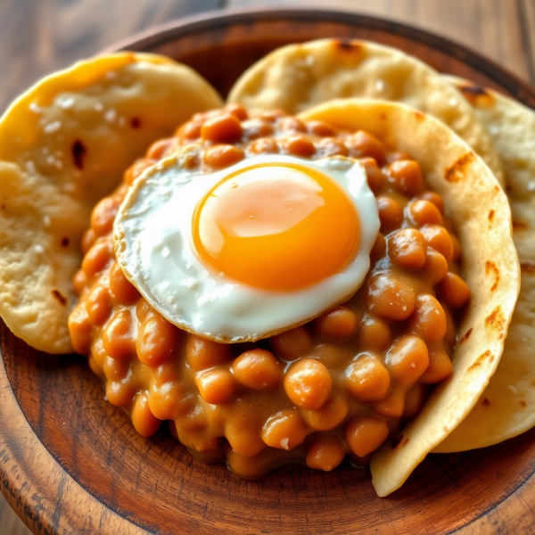 Fried Egg with Refried Beans and Tortillas