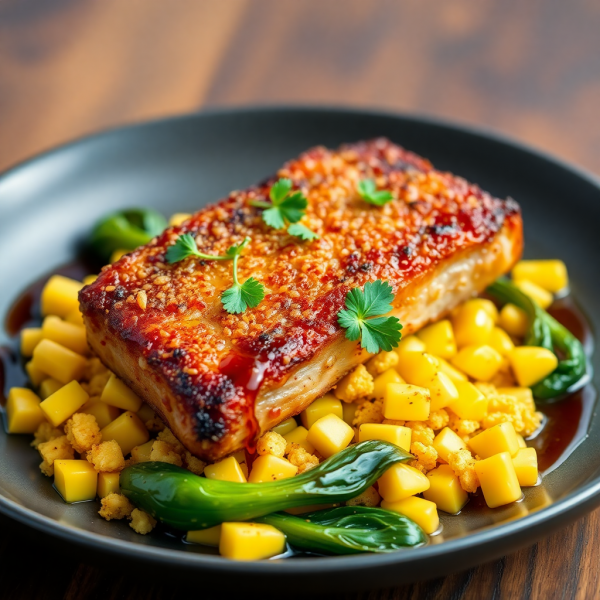 Crusted Pork Belly with Corn Textures and Charred Bok Choy