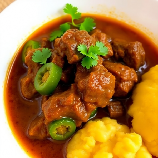 Spicy Oxtail Stew with Okra and Mashed Plantain