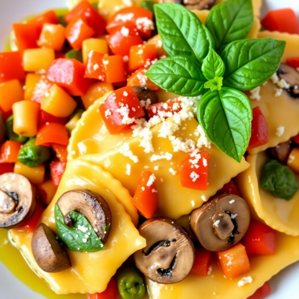 Healthy Stuffed Ravioli with Bell Peppers and Mushrooms