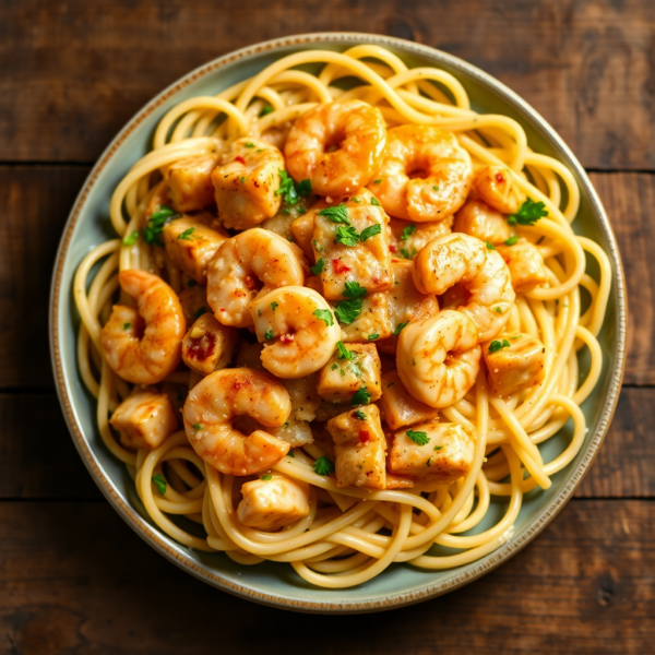 Garlic Parmesan Chicken & Shrimp Linguini