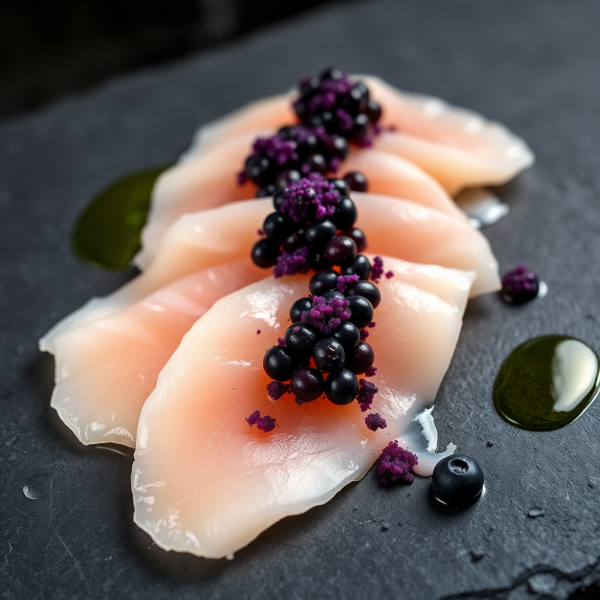 Amberjack Gravlax with Blueberry Dust and Balsamic Caviar