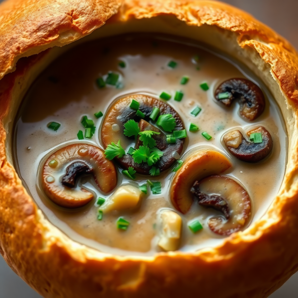 Savory Bread Bowl with Creamy Mushroom Soup